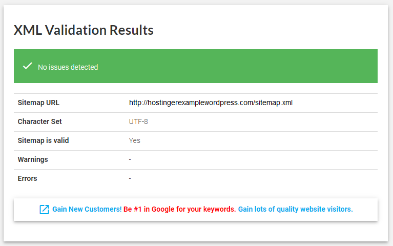 The XML validation results window informing that no issues were detected.