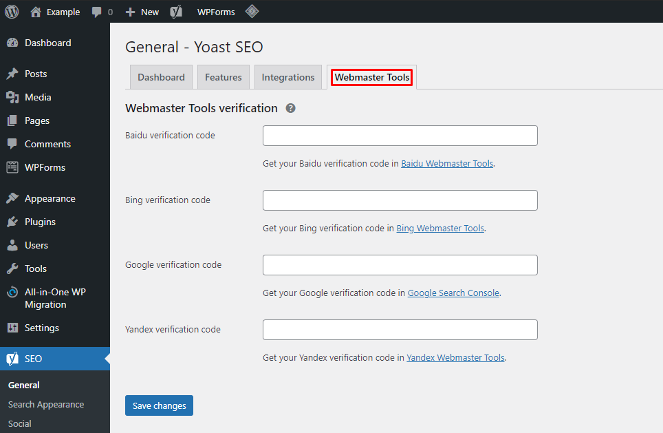 Clicking on the Webmaster Tools tab in the general settings of the Yoast SEO plugin,