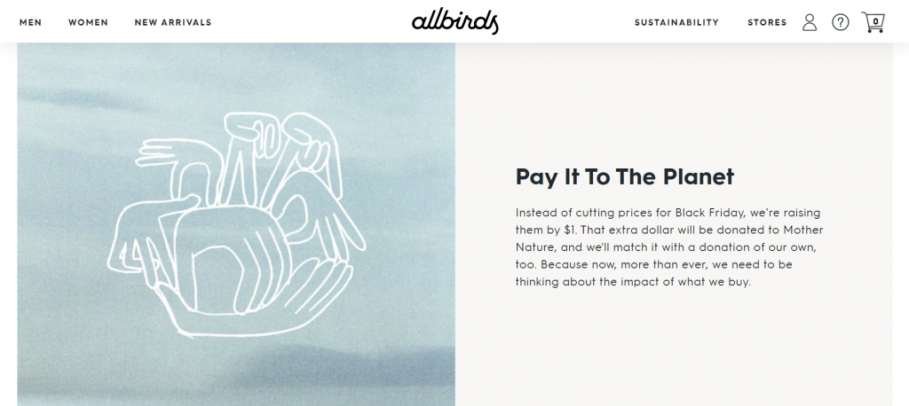Allbirds's 2020 Black Friday campaign where they raised the price by $1 that went to environmental charity