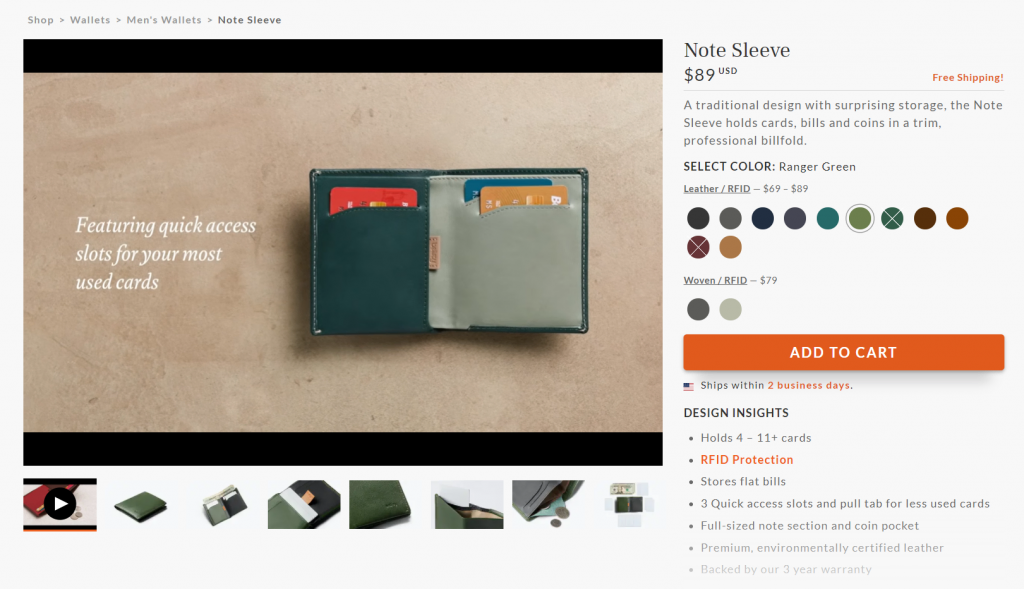 A product page on Bellroy.com. 