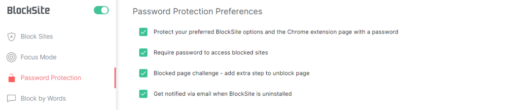 BlockSite password protection preferences settings.