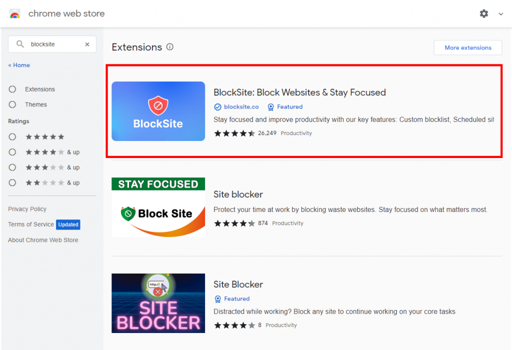 BlockSite search results in the Chrome Web Store
