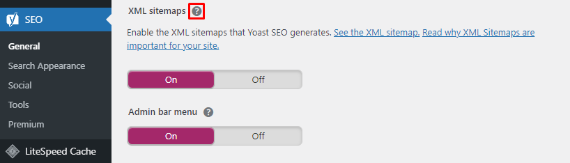 Clicking on the question mark icon to check the XML sitemap link,