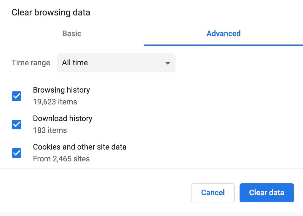 Advanced clearing browsing data settings on Chrome