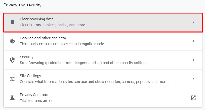 Screenshot from the privacy and security settings showing where to find the clear browsing data option,