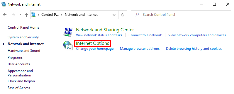 Selecting Internet Options on Windows control panel