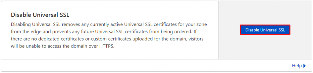 Screenshot from the Edge Certificates tab showing where to find the Disable Universal SSL button,