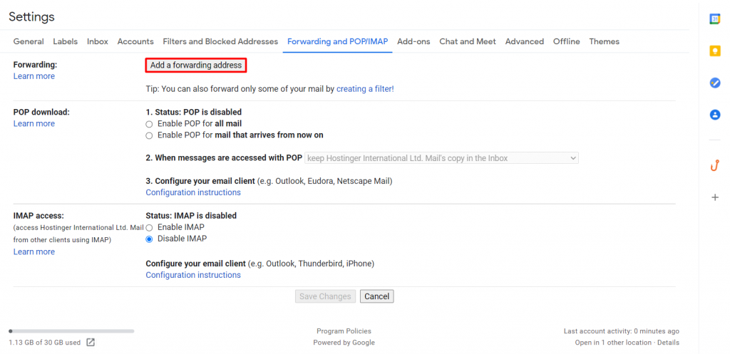 Adding a forwarding address on Gmail.