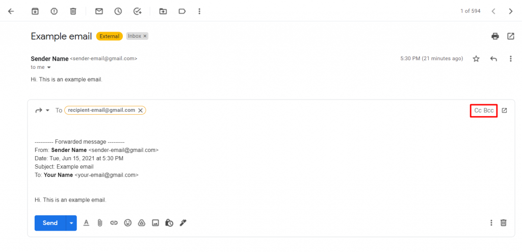 The Cc and Bcc buttons on Gmail.