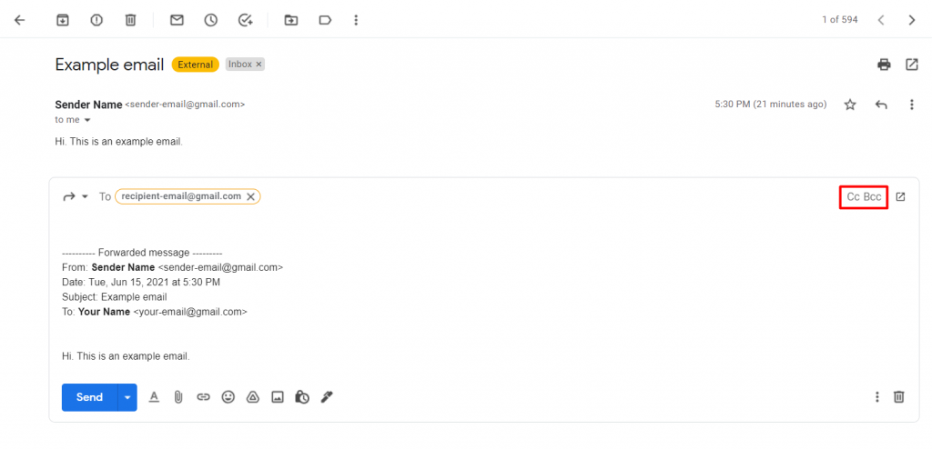 The Cc and Bcc buttons on Gmail.