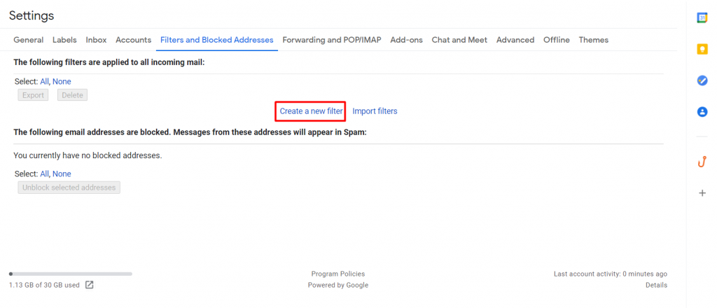 Creating a new filter on Gmail.