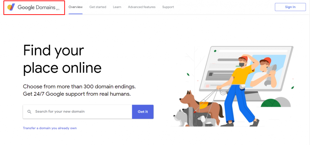 Google Domains' main webpage. It particularly highlights the "Beta" label next to its brand name.