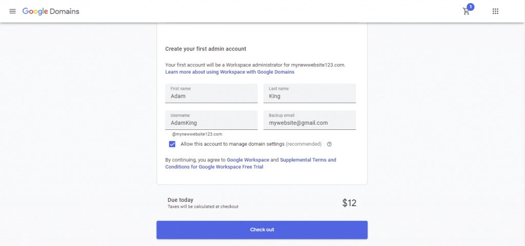 The appearance of the checkout page if a user wants to purchase a custom email as an add-on. The registration form ask for the user's contact information, such as full name, username, and backup email.