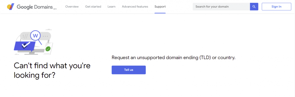 Google Domains' Domain Request page. User can submit a request for unsupported domain extensions or countries here.