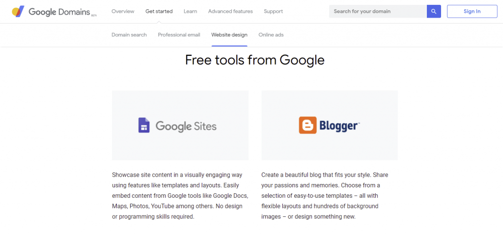 The free tools that Google Domains provide, such as Google Sites and Blogger.