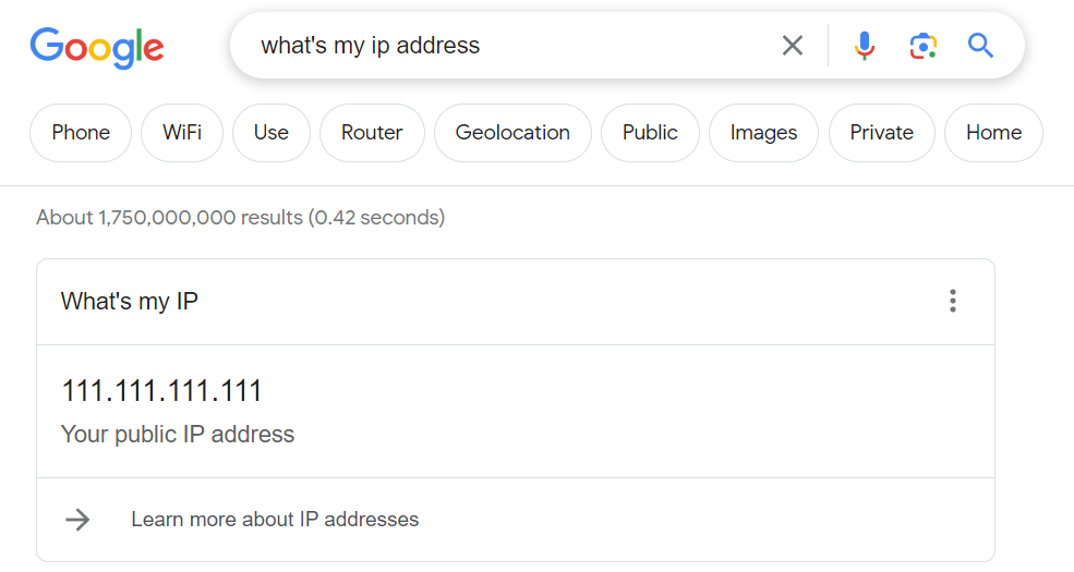 Google search result for what's my ip address