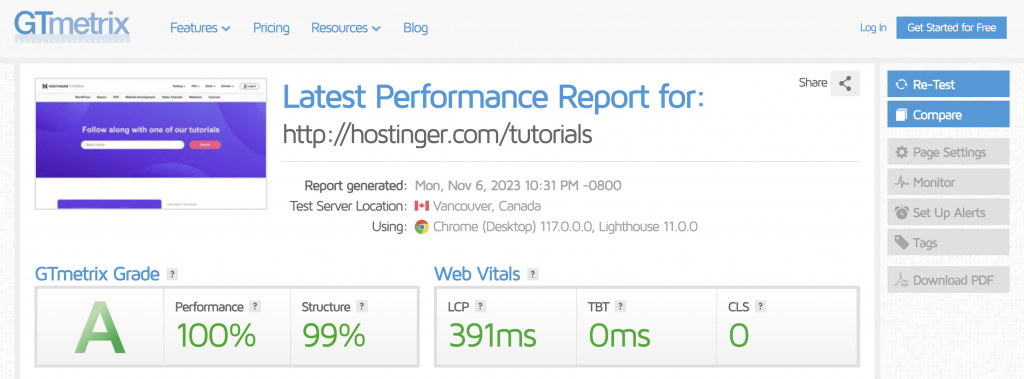 the speed test result of Hostinger Tutorials website using GTMetrix