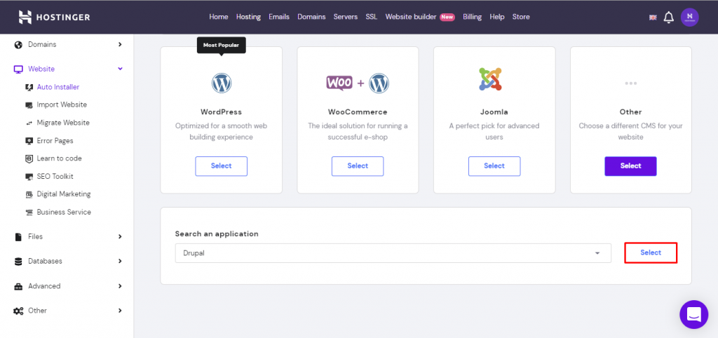 Screenshot from Hostinger's hPanel showing where to search for Drupal application and click on the select button