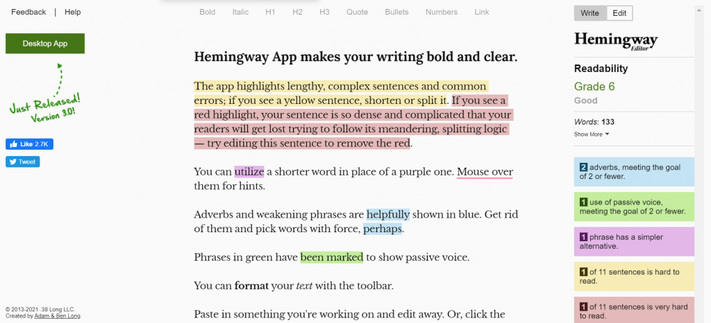Hemingway App editor. 