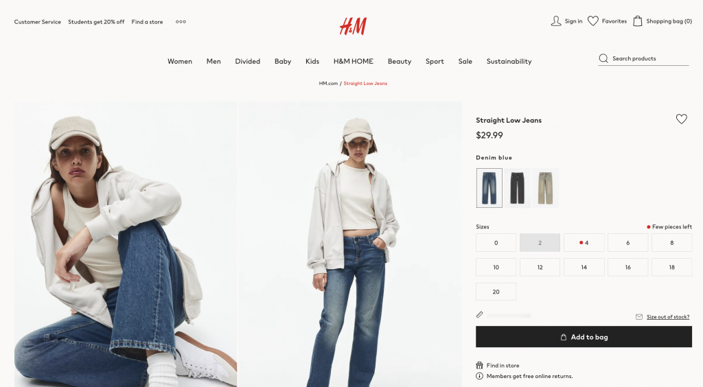 H&M product page that highlights low-stock product variations