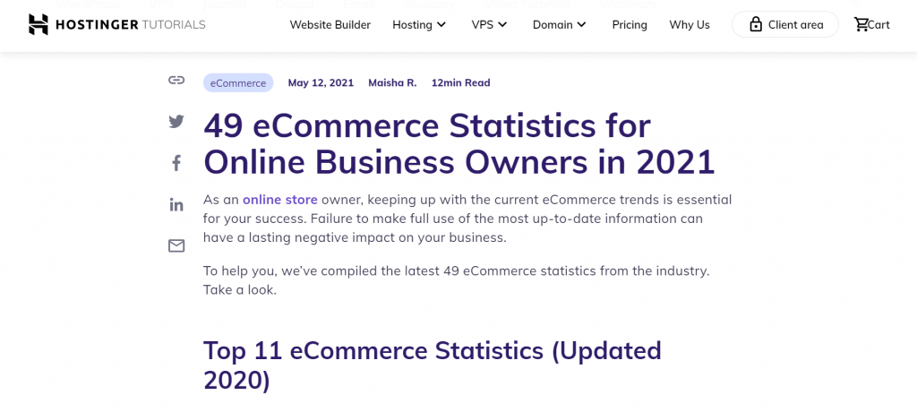 A curated content example by Hostinger that shows the latest eCommerce statistics.
