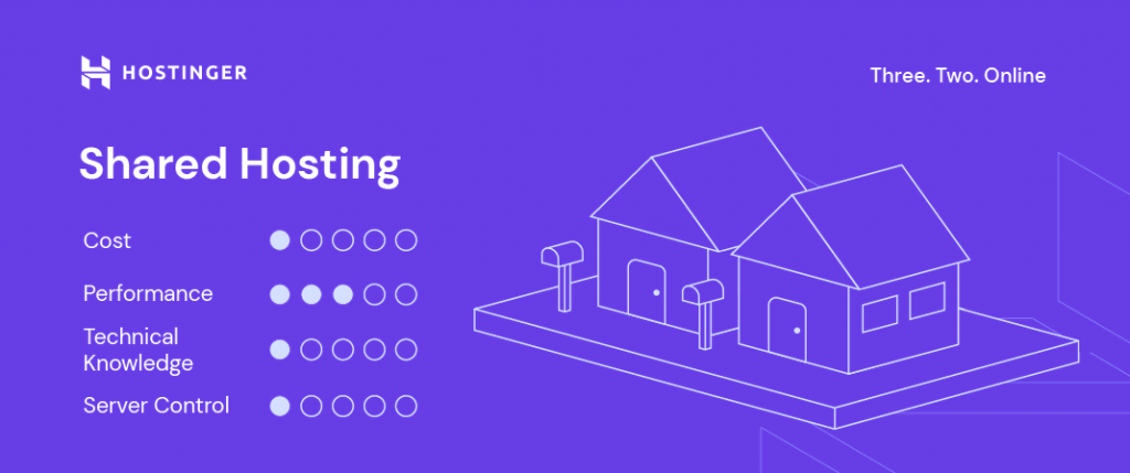 Hostinger's custom visual for shared hosting including factors like cost, performance, technical knowledge, and server control