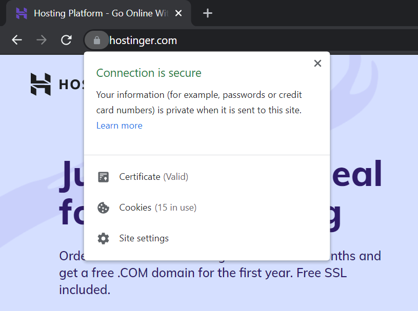 Hostinger homepage, displaying the padlock item and Connection is secure message