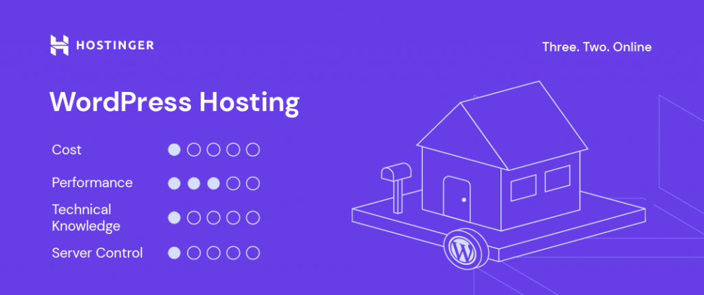 Hostinger's custom visual for WordPress hosting including factors like cost, performance, technical knowledge, and server control
