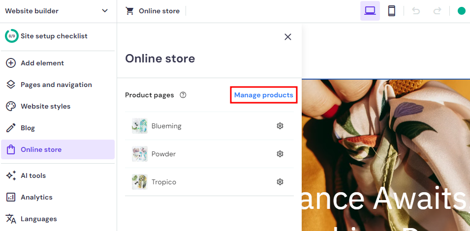 The Manage products button under Hostinger Website Builder's Online Store section