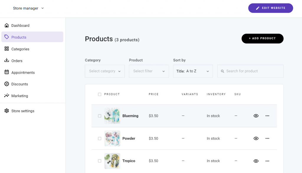 The Products section under Hostinger Website Builder's Store manager