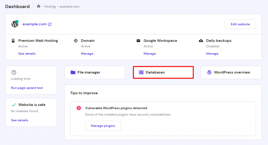 Databases section in the hPanel