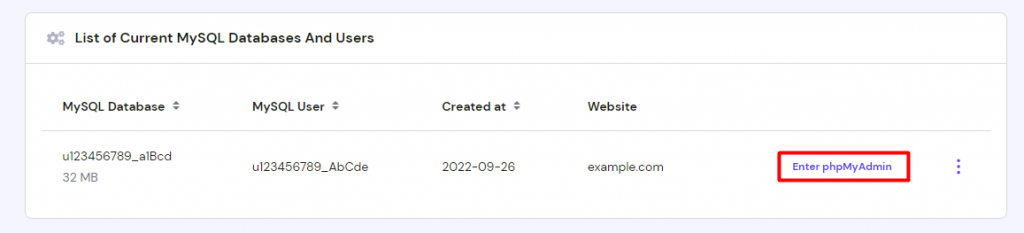 the list of current MySQL databases and users in hPanel's Database Management page