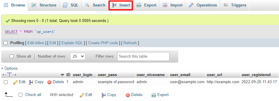 Clicking on wp_users and selecting Insert in phpMyAdmin
