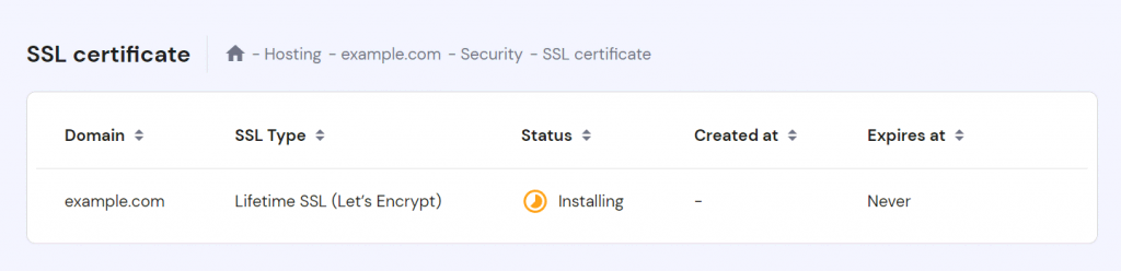 The SSL page on hPanel. New SSL is installing