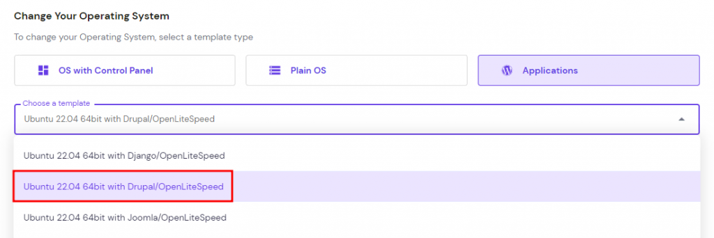 The menu for changing VPS operating system on hPanel with the Drupal template option highlighted.