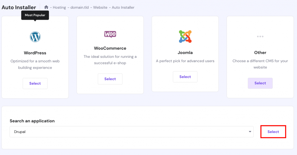 hPanel interface showing the menu for changing VPS operating system using the Drupal template.