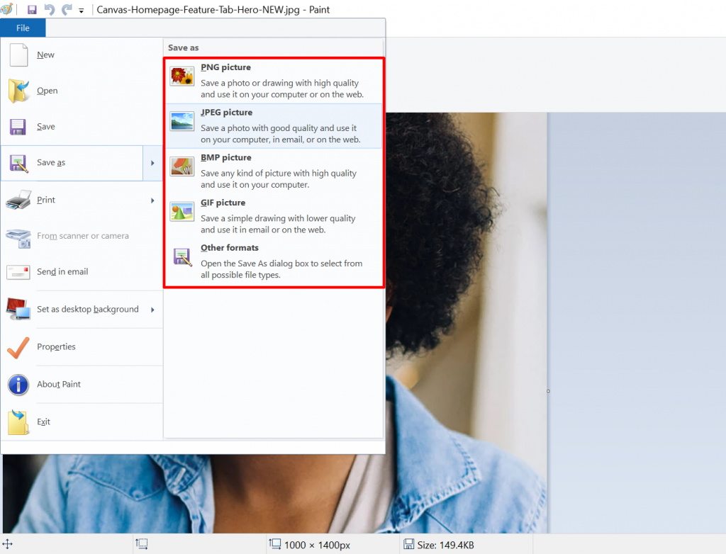 Microsoft Paint save as function with different format options highlighted
