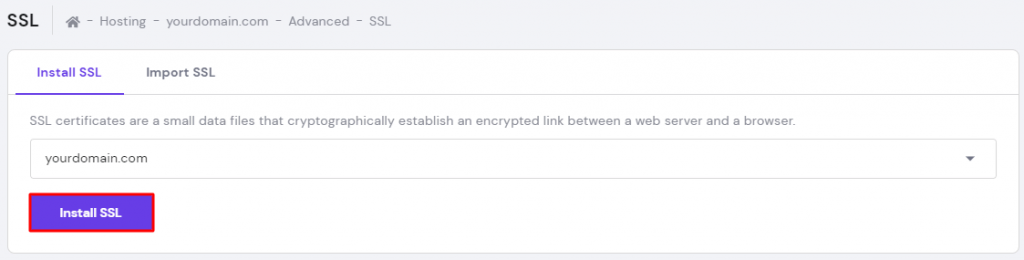 Screenshot from hPanel's SSL section showing where to click on the Install SSL button,