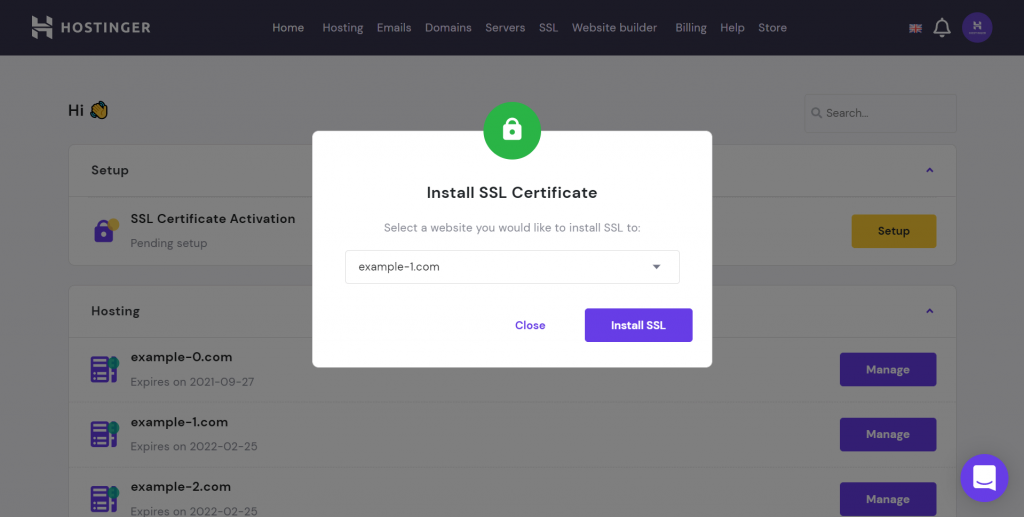 Screenshot of selecting a website to install an SSL certificate.