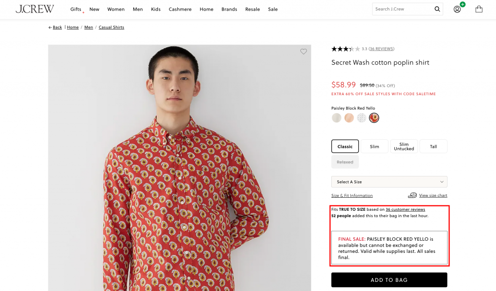 J.Crew product page that highlights the number of customers who put this item in their cart in the last hour