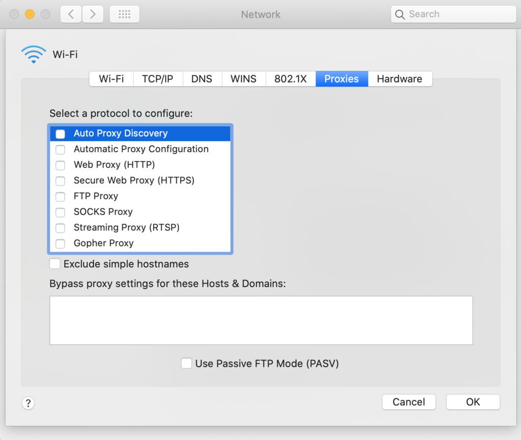 Disabling proxy discovery on macOS