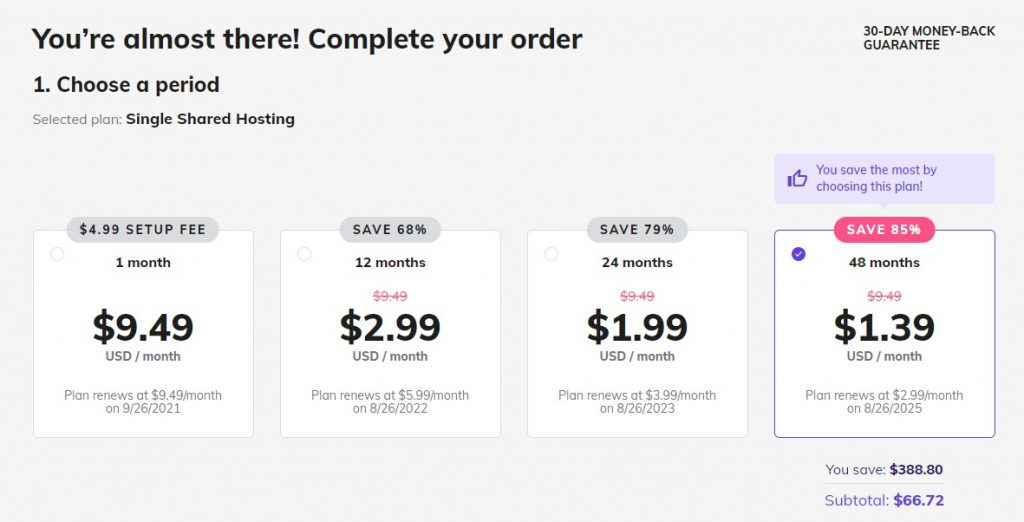 Completing order for single shared hosting and saving 85% by choosing  48 months.