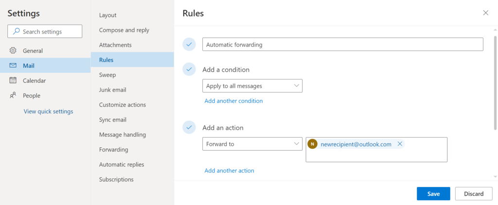Setting the actions for a rule on Outlook.