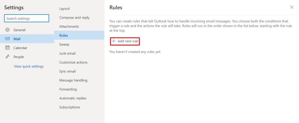 Adding a new rule on Outlook.