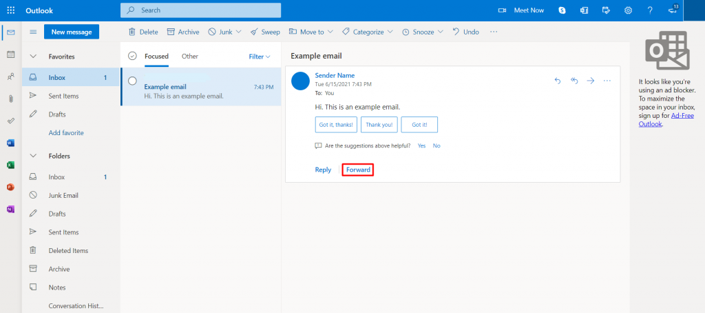 Forwarding an email message on Outlook.
