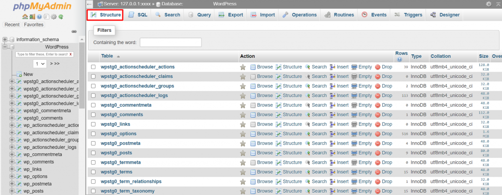 Selecting the Structure tab in the phpMyAdmin's administration page