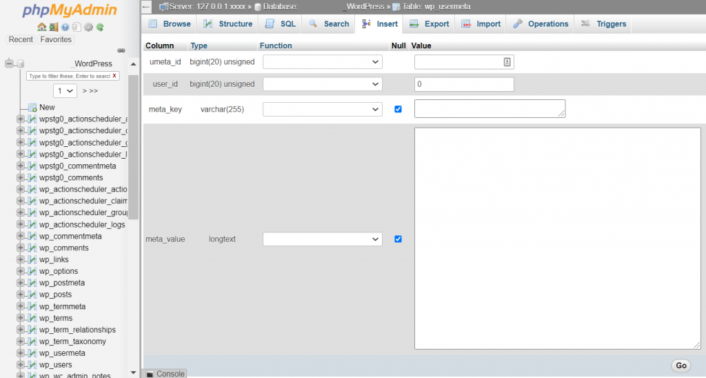 Clicking wp_usermeta in phpMyAdmin