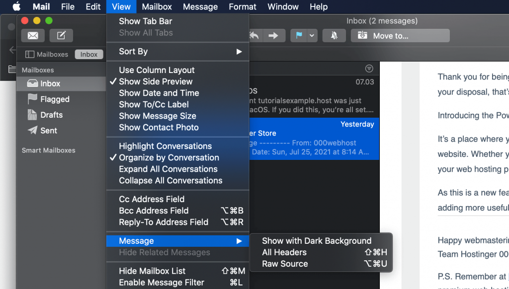 iCloud, highlighting View > Message.
