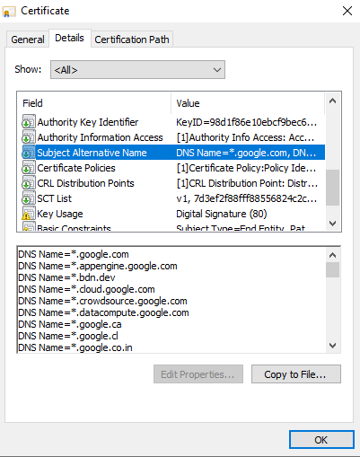 Screenshot from the certificate details showing where to find the Subject Alternative Name option.