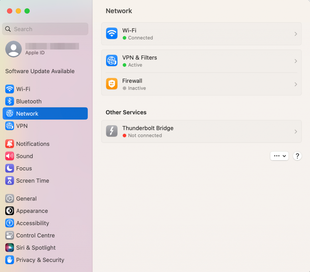 macOS' System Preferences panel with Network highlighted